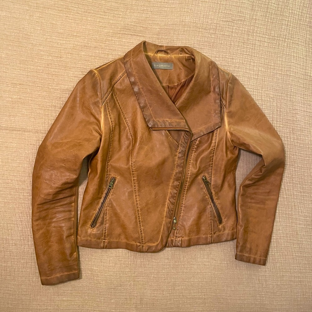 Light brown vegan leather jacket.